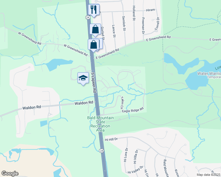 map of restaurants, bars, coffee shops, grocery stores, and more near 2883 Scenic Court in Orion Township