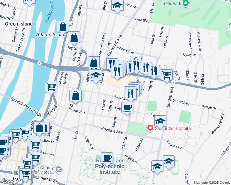 map of restaurants, bars, coffee shops, grocery stores, and more near 2243 12th Street in Troy