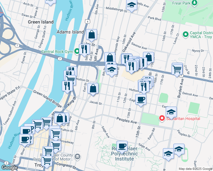 map of restaurants, bars, coffee shops, grocery stores, and more near 145 9th Street in Troy