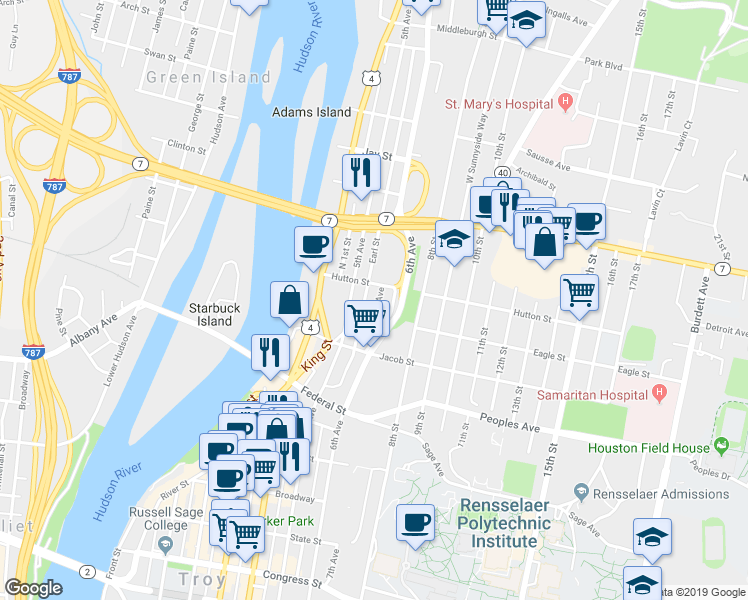 map of restaurants, bars, coffee shops, grocery stores, and more near 2245 Old 6th Avenue in Troy