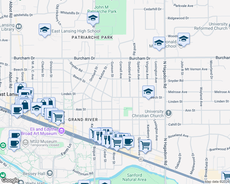 map of restaurants, bars, coffee shops, grocery stores, and more near 500 Gunson Street in East Lansing