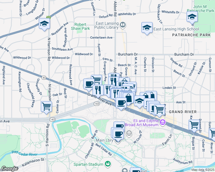 map of restaurants, bars, coffee shops, grocery stores, and more near 337 Abbot Road in East Lansing