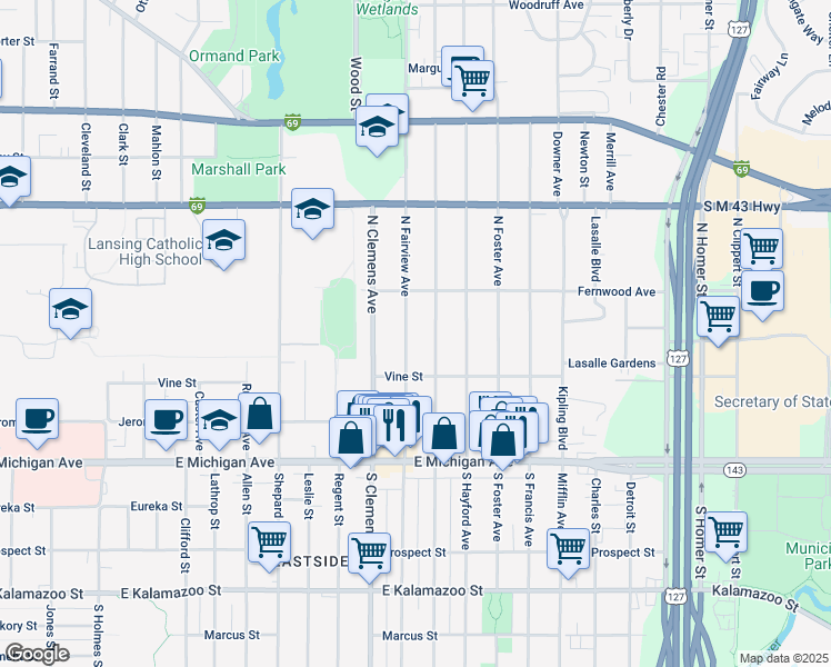 map of restaurants, bars, coffee shops, grocery stores, and more near 313 North Magnolia Avenue in Lansing