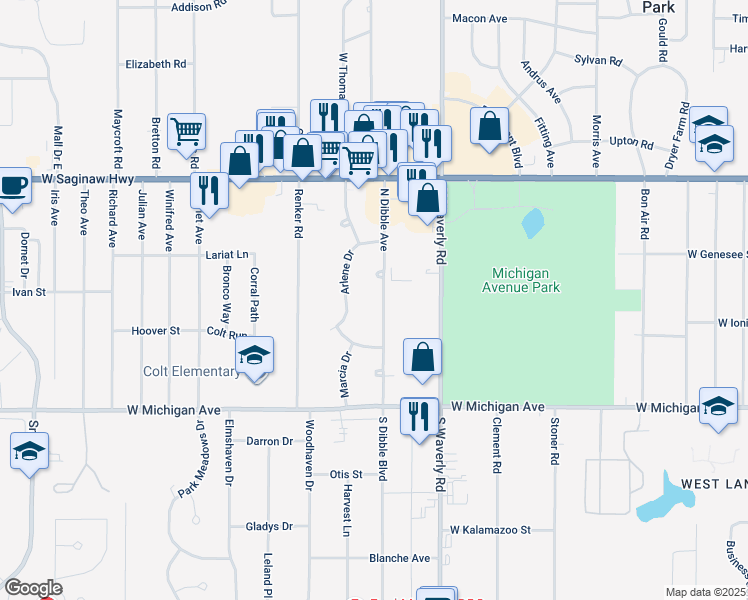 map of restaurants, bars, coffee shops, grocery stores, and more near 321 North Dibble Avenue in Lansing