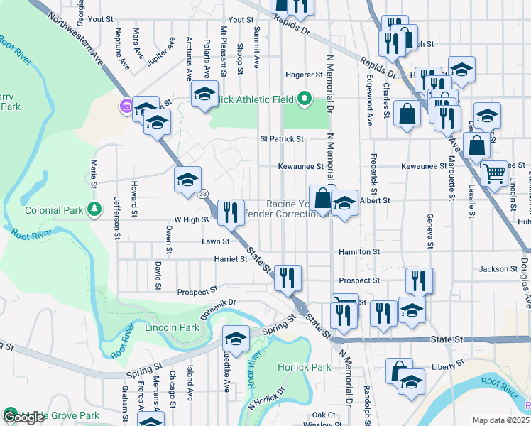 map of restaurants, bars, coffee shops, grocery stores, and more near 1233 Summit Avenue in Racine