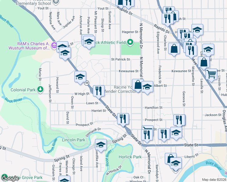 map of restaurants, bars, coffee shops, grocery stores, and more near 1233 Summit Avenue in Racine
