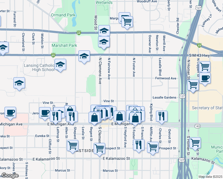 map of restaurants, bars, coffee shops, grocery stores, and more near 313 North Magnolia Avenue in Lansing