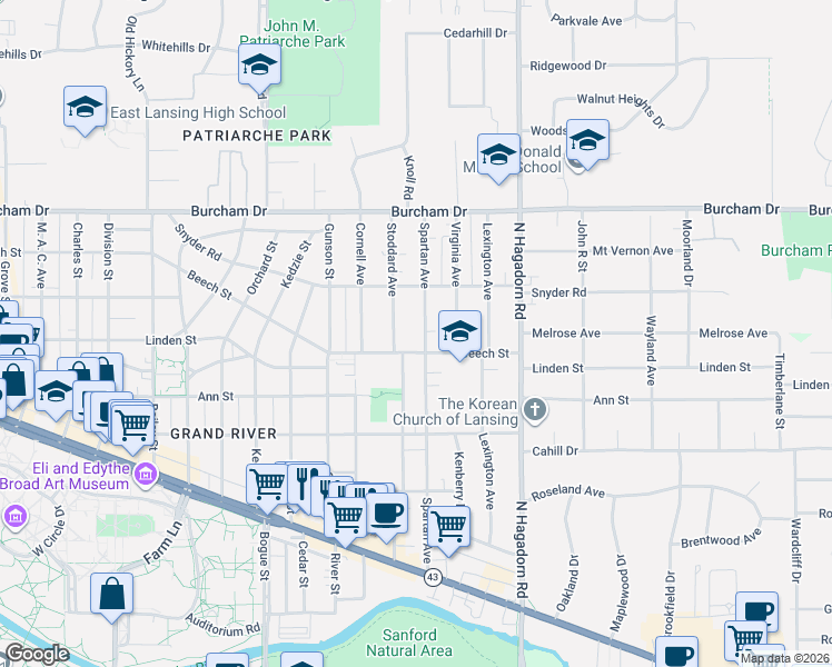 map of restaurants, bars, coffee shops, grocery stores, and more near 447 Spartan Avenue in East Lansing