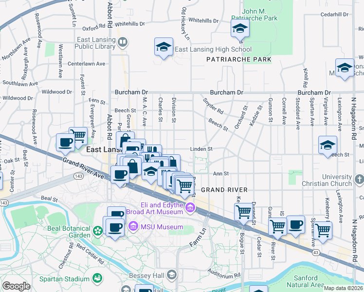 map of restaurants, bars, coffee shops, grocery stores, and more near 531 Sycamore Street in East Lansing