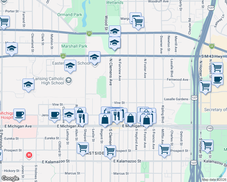 map of restaurants, bars, coffee shops, grocery stores, and more near 312 North Clemens Avenue in Lansing