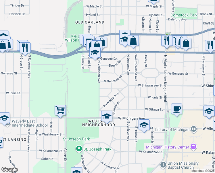 map of restaurants, bars, coffee shops, grocery stores, and more near 307 Memphis Street in Lansing