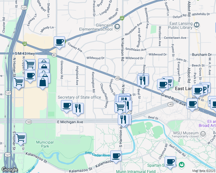 map of restaurants, bars, coffee shops, grocery stores, and more near 359 University Drive in East Lansing