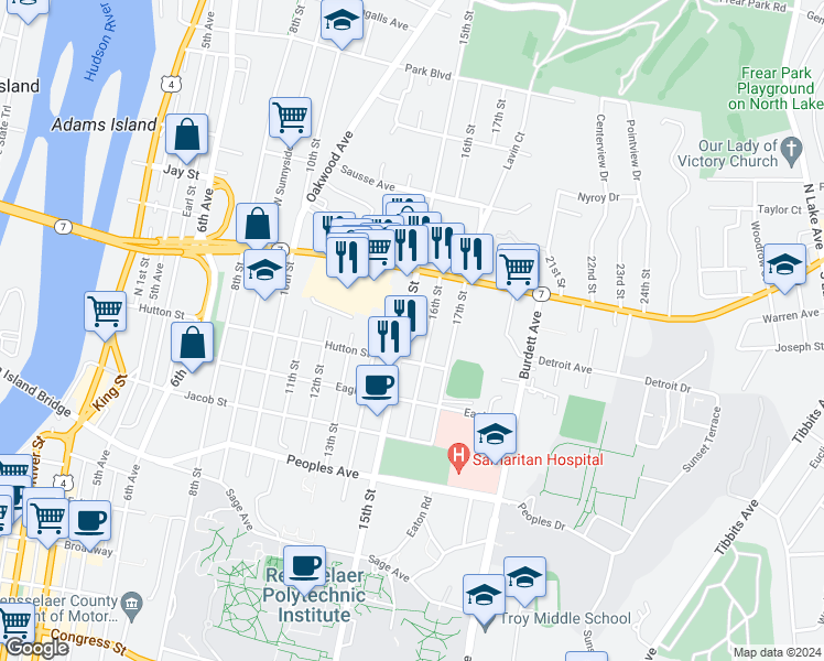 map of restaurants, bars, coffee shops, grocery stores, and more near 2300 15th Street in Troy