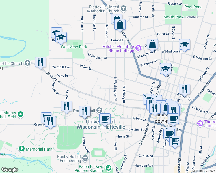 map of restaurants, bars, coffee shops, grocery stores, and more near 715 Union Street in Platteville
