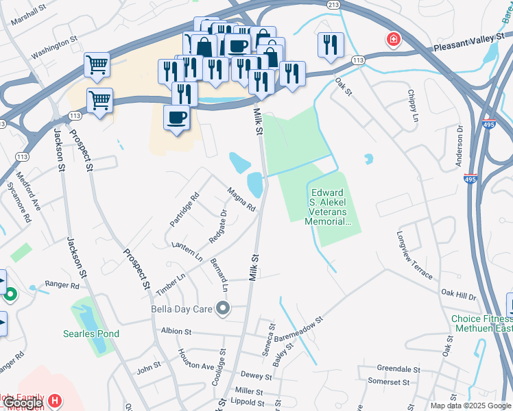 map of restaurants, bars, coffee shops, grocery stores, and more near 117 Milk Street in Methuen