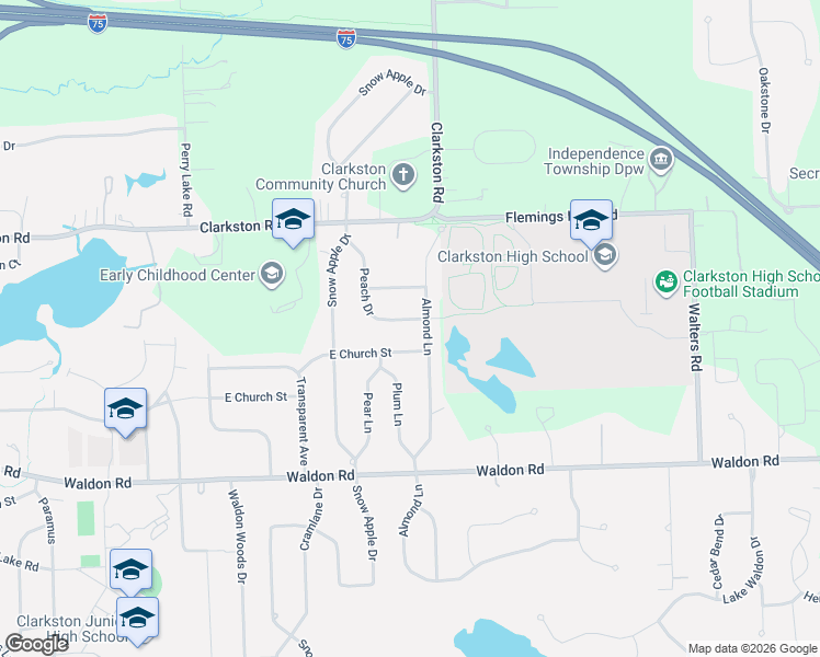 map of restaurants, bars, coffee shops, grocery stores, and more near 6303 Crab Apple Street in Clarkston