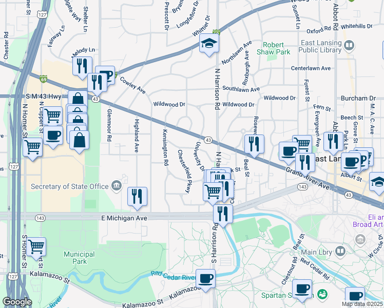 map of restaurants, bars, coffee shops, grocery stores, and more near 359 University Drive in East Lansing