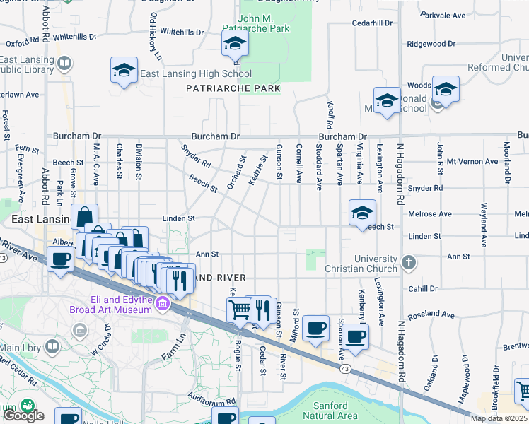 map of restaurants, bars, coffee shops, grocery stores, and more near 523 Durand Street in East Lansing