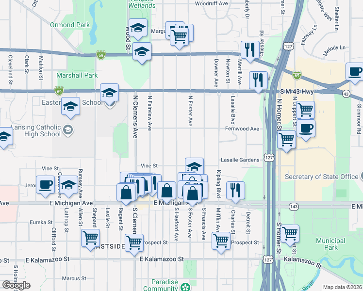 map of restaurants, bars, coffee shops, grocery stores, and more near 425 North Hayford Avenue in Lansing