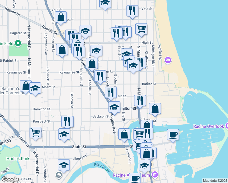 map of restaurants, bars, coffee shops, grocery stores, and more near 1339 Lincoln Street in Racine