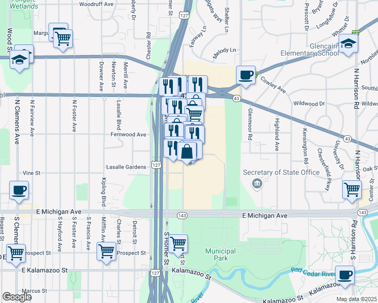 map of restaurants, bars, coffee shops, grocery stores, and more near 310 North Clippert Street in Lansing