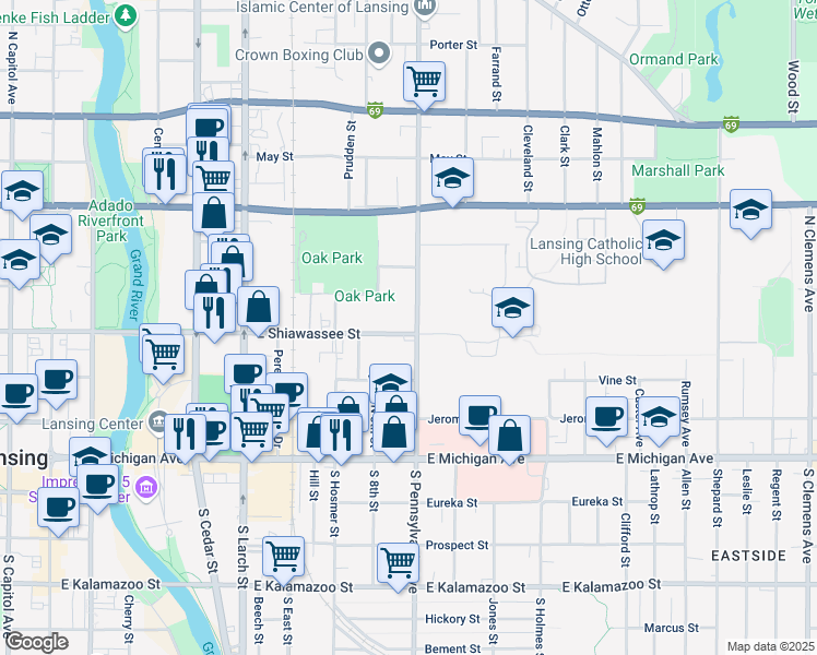 map of restaurants, bars, coffee shops, grocery stores, and more near 421 North Pennsylvania Avenue in Lansing