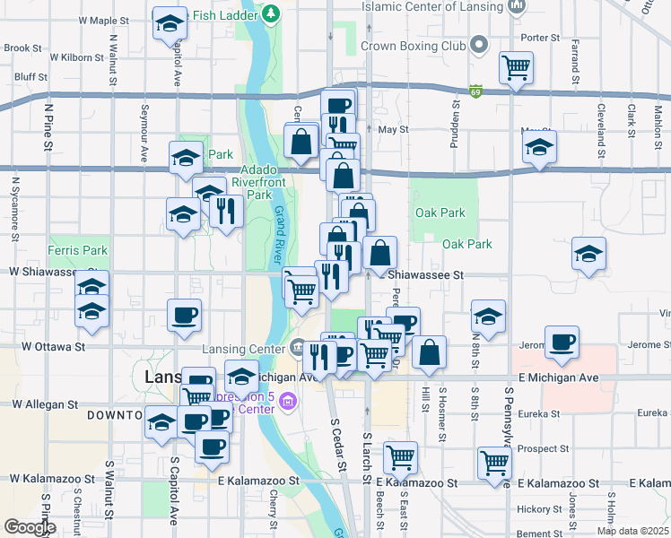 map of restaurants, bars, coffee shops, grocery stores, and more near 432 North Cedar Street in Lansing