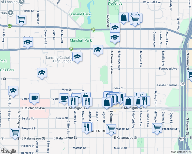 map of restaurants, bars, coffee shops, grocery stores, and more near 330 Marshall Street in Lansing