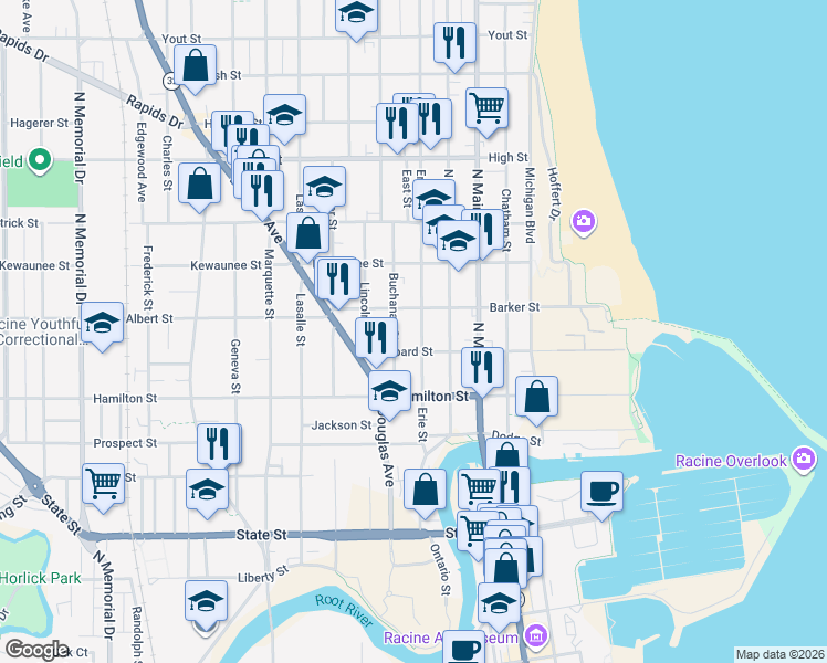 map of restaurants, bars, coffee shops, grocery stores, and more near 609 Barker Street in Racine