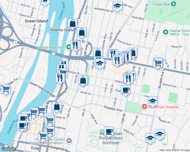 map of restaurants, bars, coffee shops, grocery stores, and more near 179 9th Street in Troy