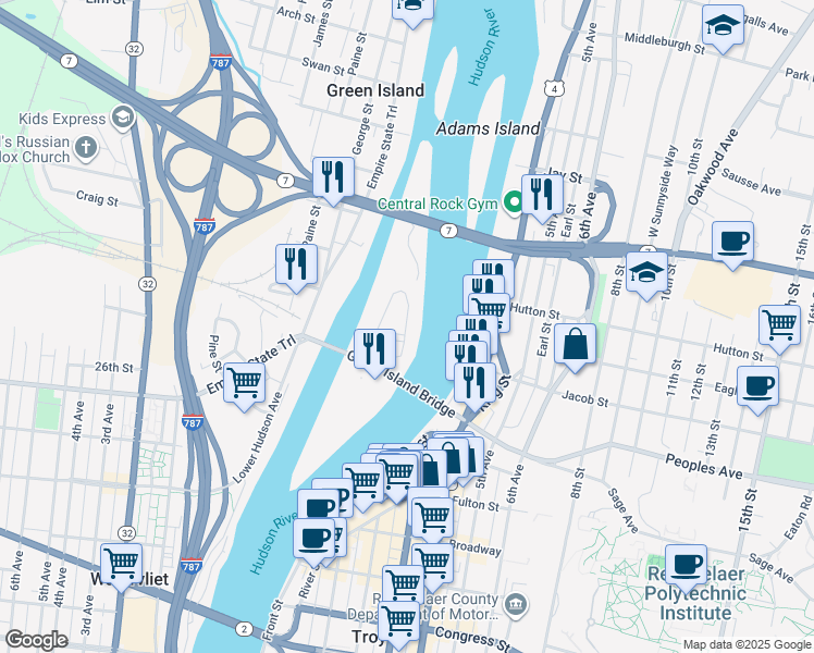 map of restaurants, bars, coffee shops, grocery stores, and more near 1803 River View Road in Green Island
