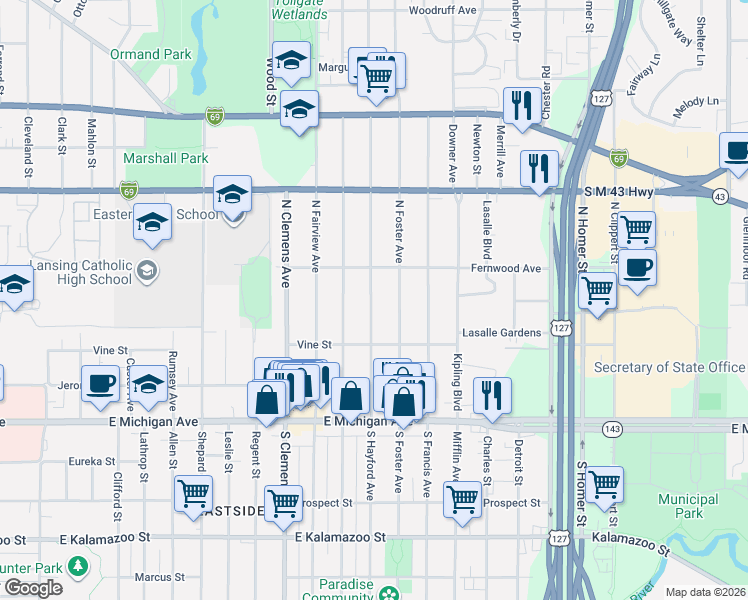 map of restaurants, bars, coffee shops, grocery stores, and more near 425 North Hayford Avenue in Lansing