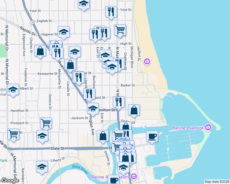 map of restaurants, bars, coffee shops, grocery stores, and more near 1335 North Main Street in Racine