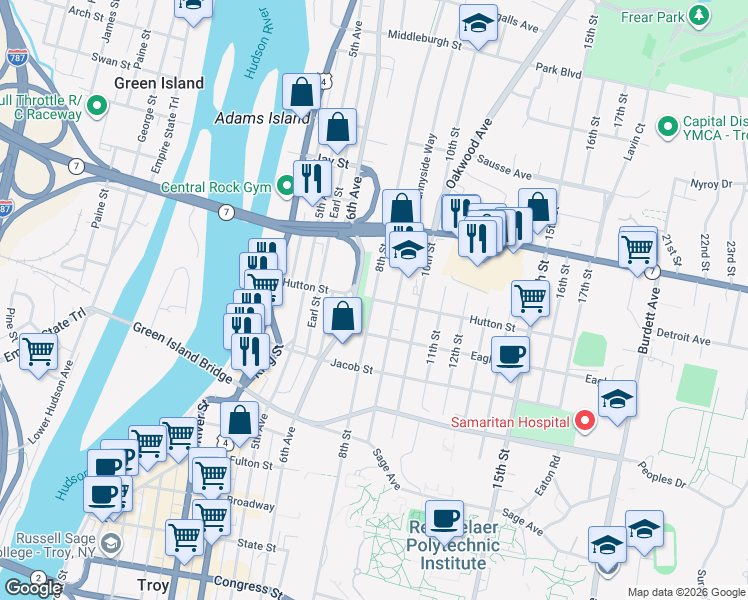 map of restaurants, bars, coffee shops, grocery stores, and more near 8th Street in Troy