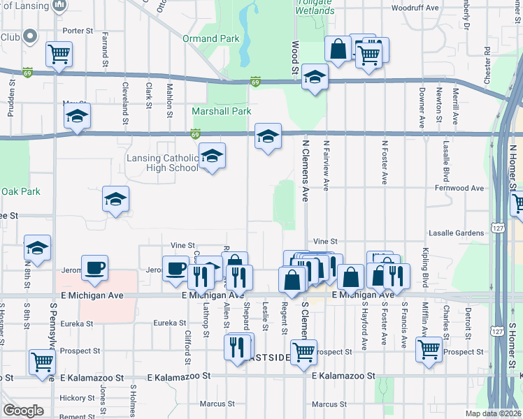 map of restaurants, bars, coffee shops, grocery stores, and more near 501 Marshall Street in Lansing
