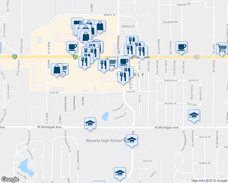 map of restaurants, bars, coffee shops, grocery stores, and more near 5310 Ivan Street in Lansing