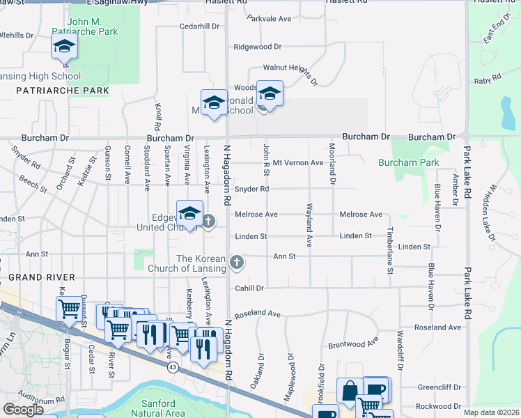 map of restaurants, bars, coffee shops, grocery stores, and more near 1560 Snyder Road in East Lansing
