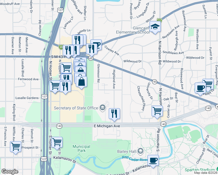 map of restaurants, bars, coffee shops, grocery stores, and more near 1250 Oak Ridge Avenue in East Lansing