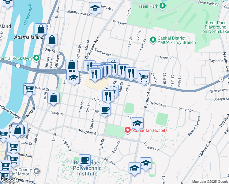 map of restaurants, bars, coffee shops, grocery stores, and more near 2335 15th Street in Troy