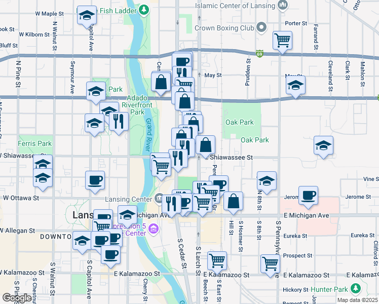 map of restaurants, bars, coffee shops, grocery stores, and more near 432 North Cedar Street in Lansing