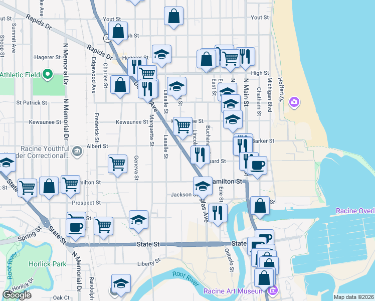 map of restaurants, bars, coffee shops, grocery stores, and more near 1407 Superior Street in Racine