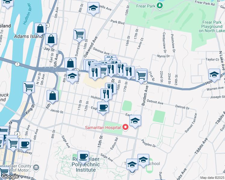 map of restaurants, bars, coffee shops, grocery stores, and more near 2335 15th Street in Troy