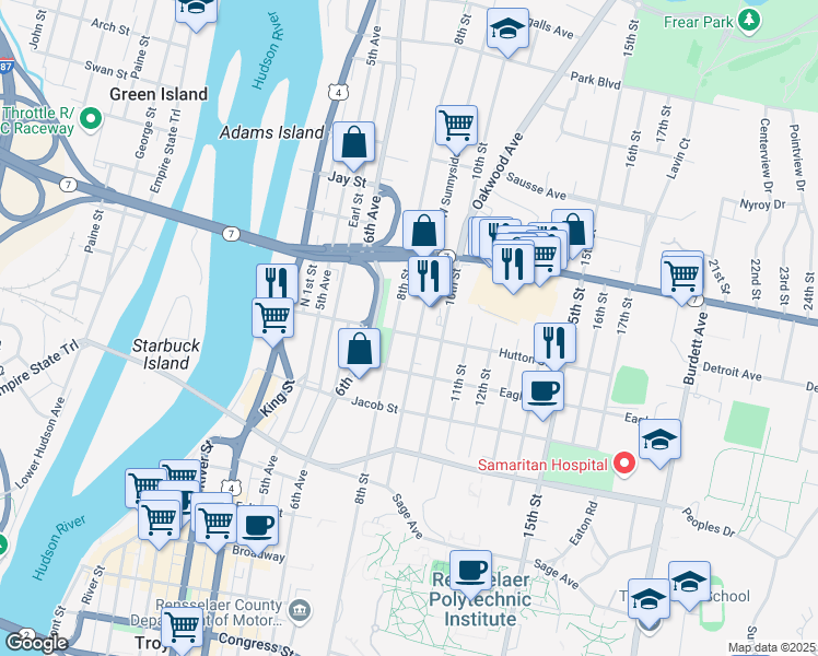 map of restaurants, bars, coffee shops, grocery stores, and more near 179 9th Street in Troy