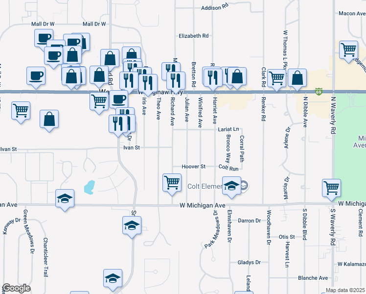 map of restaurants, bars, coffee shops, grocery stores, and more near 412 Richard Avenue in Lansing