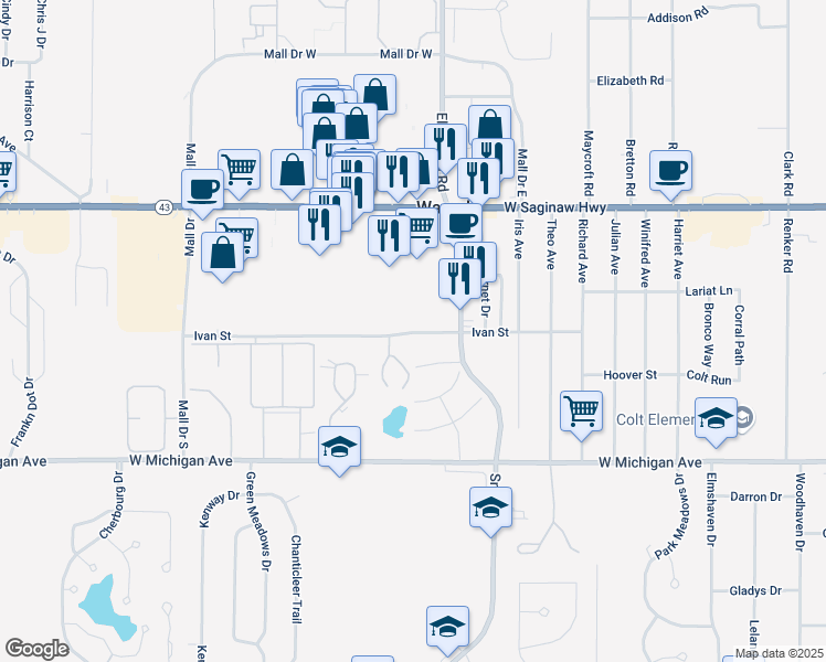 map of restaurants, bars, coffee shops, grocery stores, and more near 5300-5322 Ivan St in Lansing