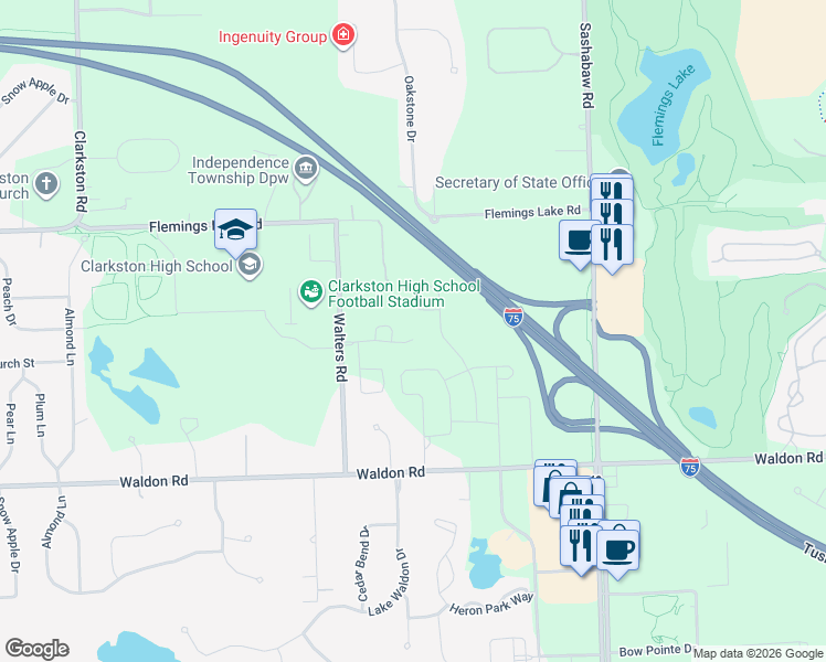 map of restaurants, bars, coffee shops, grocery stores, and more near 6730 Walters Road in Clarkston