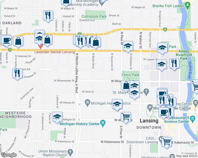map of restaurants, bars, coffee shops, grocery stores, and more near 804 West Shiawassee Street in Lansing