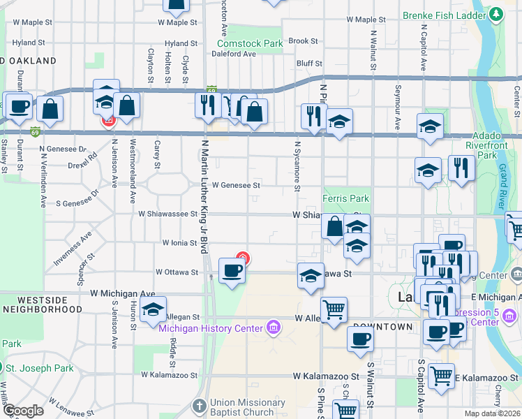 map of restaurants, bars, coffee shops, grocery stores, and more near 812 West Shiawassee Street in Lansing