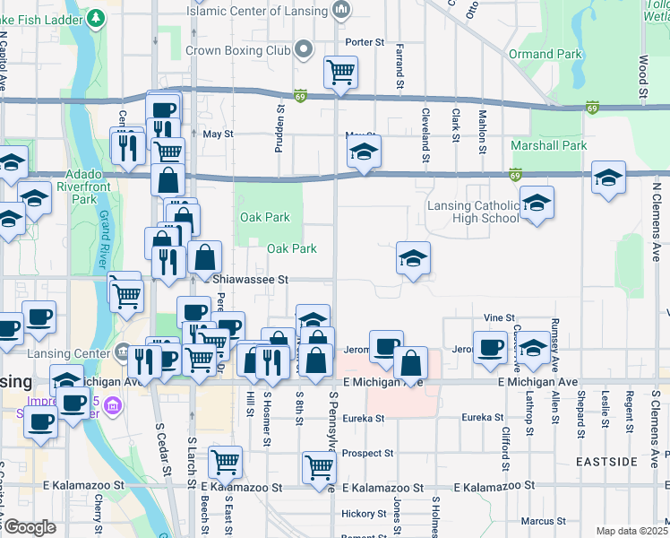 map of restaurants, bars, coffee shops, grocery stores, and more near 421 North Pennsylvania Avenue in Lansing