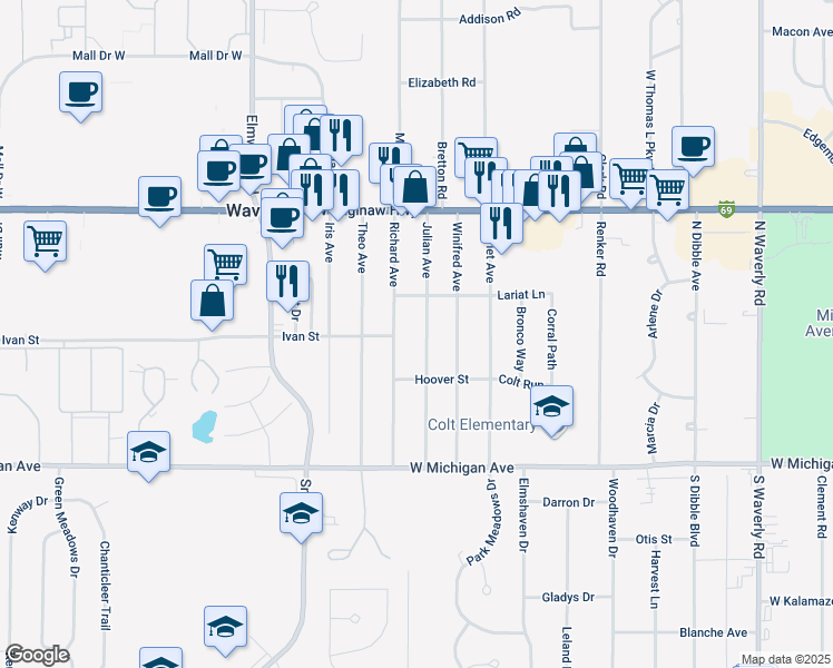 map of restaurants, bars, coffee shops, grocery stores, and more near 412 Richard Avenue in Lansing